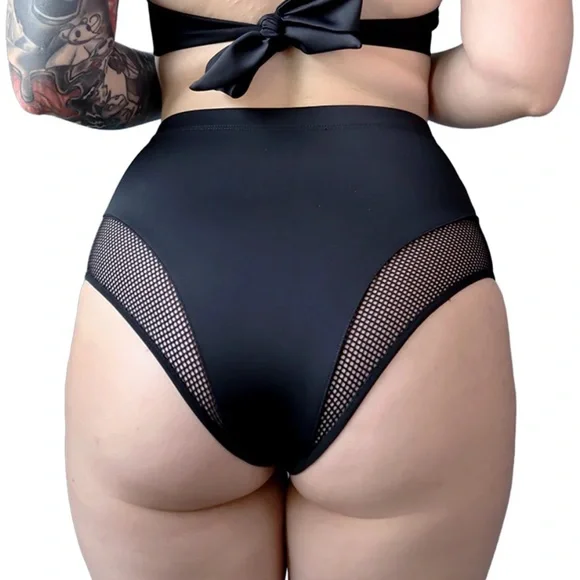 High-Waist Black Mesh Panel Bikini Bottoms - Picture 3 of 6